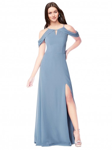 Sleeveless Off the Shoulder Soft Chiffon Dusty Blue Long Evening Dress / Bridesmaid Dress Adelaide