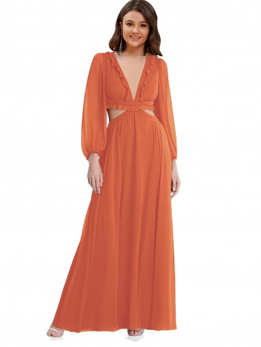 Long Sleeves V-Neck Soft Chiffon Firecracker Long High Low Evening Gown / Bridesmaid Dress Adelaide