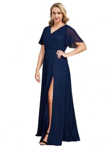 Short Flutter Sleeves V-Neck Soft Chiffon Dark Navy Long Formal Plus Size Evening Gown / Prom Dress / Bridesmaid Dress Adelaide
