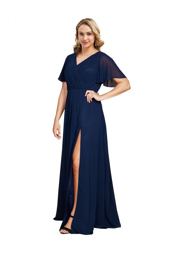 Short Flutter Sleeves V-Neck Soft Chiffon Dark Navy Long Formal Plus Size Evening Gown / Prom Dress / Bridesmaid Dress Adelaide