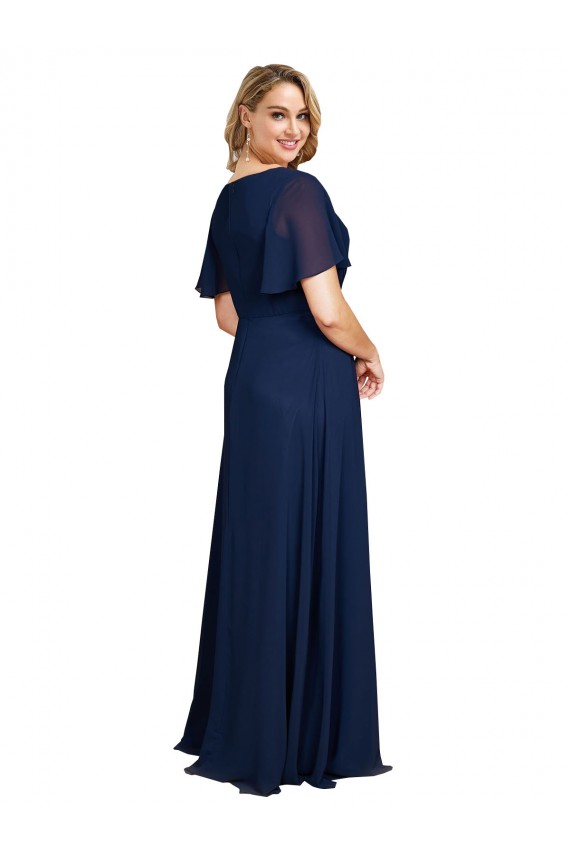 Short Flutter Sleeves V-Neck Soft Chiffon Dark Navy Long Formal Plus Size Evening Gown / Prom Dress / Bridesmaid Dress Adelaide