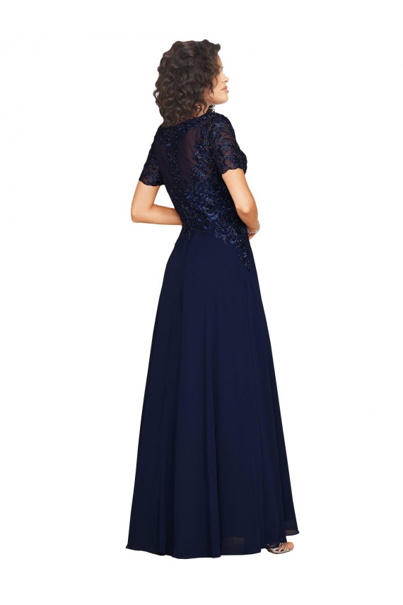 Short Sleeves Round Neck Soft Chiffon Dark Navy Long Prom Dress / Bridesmaid Dress Adelaide
