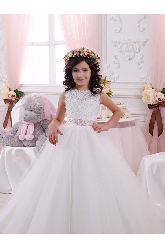 Sleeveless Bateau Neck Tulle & Lace Ivory Chapel Train Flower Girl Dress Adelaide