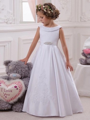 Sleeveless Bateau Neck Satin & Lace Ivory Long Flower Girl Dresses Adelaide