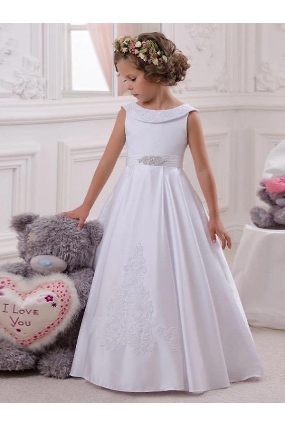 Sleeveless Bateau Neck Satin & Lace Ivory Long Flower Girl Dresses Adelaide