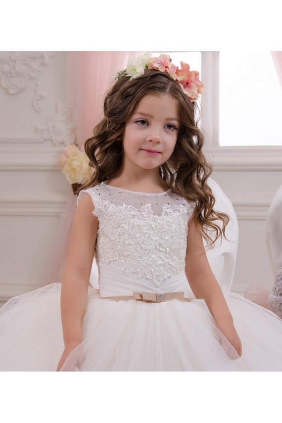 Sleeveless Bateau Neck Tulle & Lace Ivory Chapel Train Flower Girl Wedding Dress Adelaide