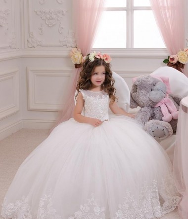 Sleeveless Bateau Neck Tulle & Lace Ivory Chapel Train Flower Girl Wedding Dress Adelaide