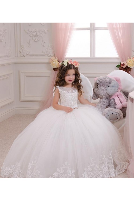Sleeveless Bateau Neck Tulle & Lace Ivory Chapel Train Flower Girl Wedding Dress Adelaide
