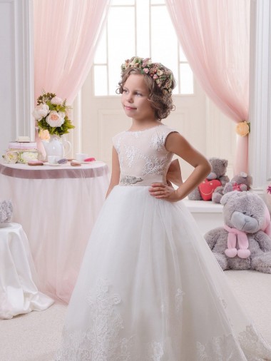Sleeveless Bateau Neck Tulle & Lace Ivory Chapel Train Flower Girl Dresses Adelaide
