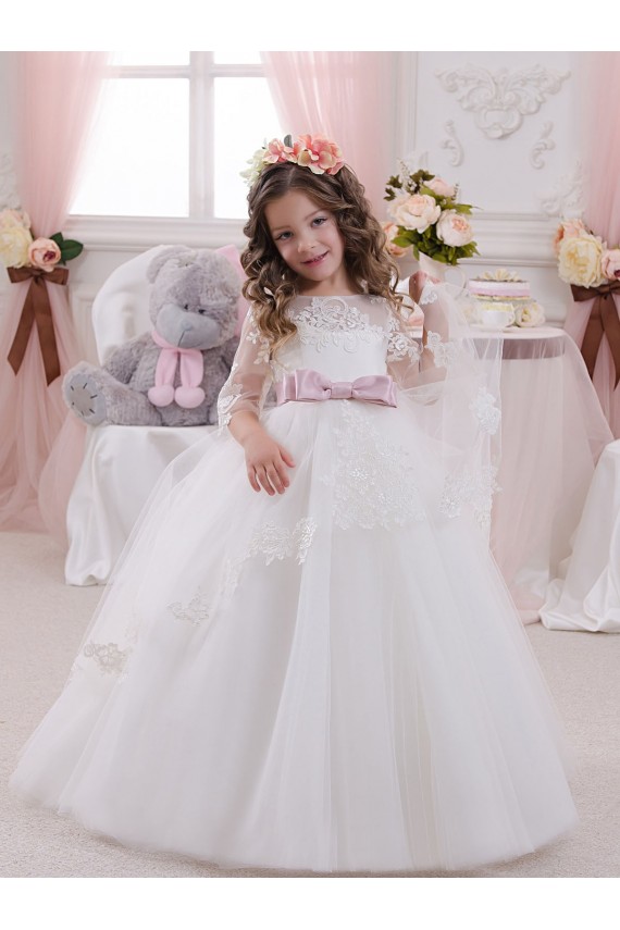 Sleeveless Bateau Neck Tulle & Lace Ivory Ball Gowns Chapel Train Flower Girl Dress Adelaide