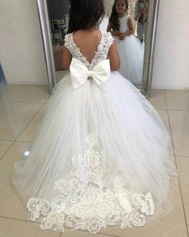 Sleeveless Bateau Neck Tulle & Lace Ivory Ball Gown Chapel Train Flower Girl Dress Adelaide