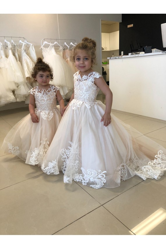 Sleeveless Bateau Neck Tulle & Lace Ivory Chapel Train Little Flower Girl Dress Adelaide