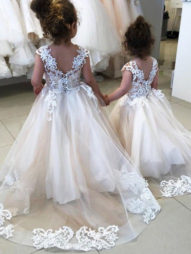 Sleeveless Bateau Neck Tulle & Lace Ivory Chapel Train Little Flower Girl Dress Adelaide