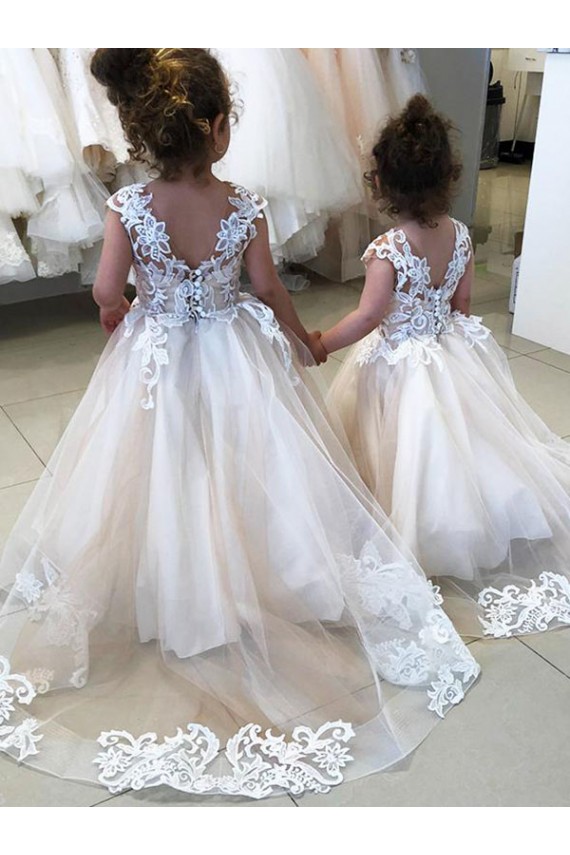 Sleeveless Bateau Neck Tulle & Lace Ivory Chapel Train Little Flower Girl Dress Adelaide