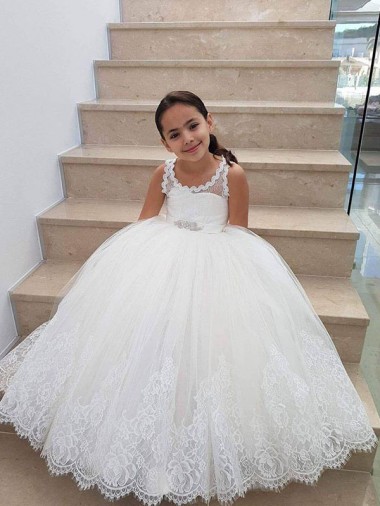 Sleeveless High Neck Tulle & Lace Ivory Long Flower Girl Dress for Wedding Adelaide