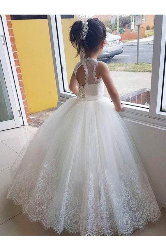 Sleeveless High Neck Tulle & Lace Ivory Long Flower Girl Dress for Wedding Adelaide