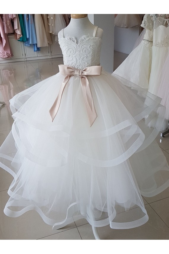 Sleeveless High Neck Tulle & Lace Ivory Long Flower Girl Wedding Dress Adelaide