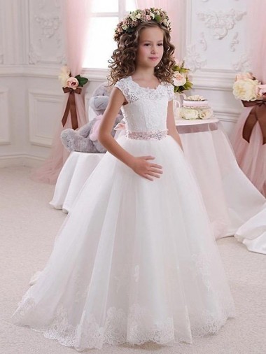 Cap Sleeves High Neck Tulle & Lace Ivory Long Flower Girl Dress Adelaide