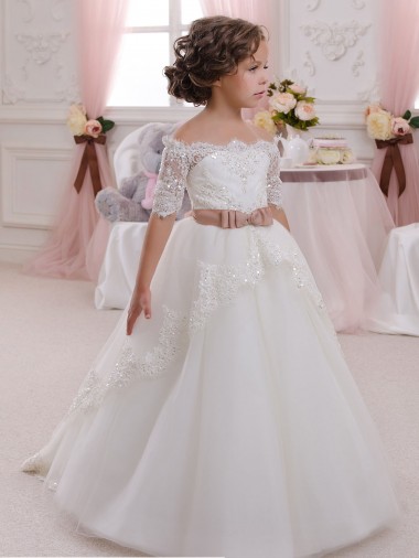 Short Sleeves High Neck Tulle & Lace Ivory Long Flower Girl Dresses Adelaide