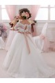 Short Sleeves High Neck Tulle & Lace Ivory Long Flower Girl Dresses Adelaide