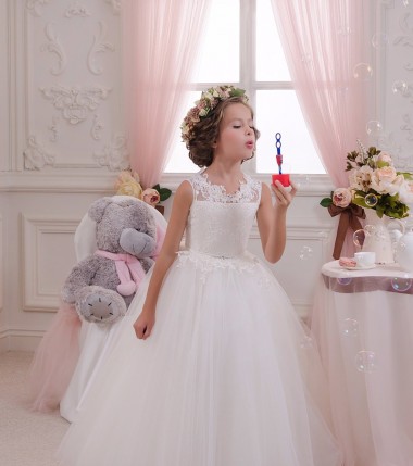 Sleeveless High Neck Tulle & Lace Ivory Long Little Flower Girl Dresses Adelaide