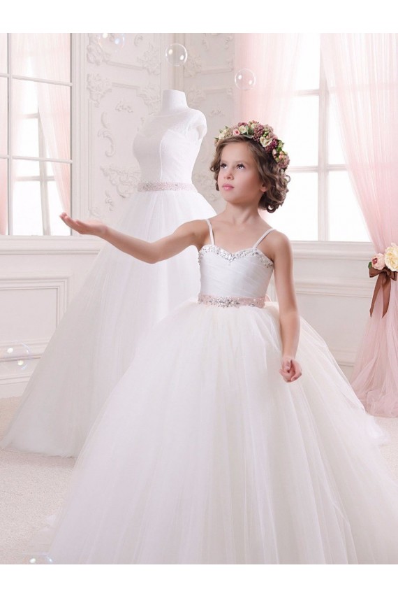 Sleeveless Sweetheart Tulle Ivory Chapel Train Flower Girl Dress Adelaide