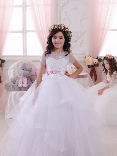 Short Sleeves Sweetheart Tulle & Lace Ivory Long Little Flower Girl Dress Adelaide