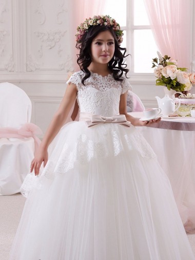 Sleeveless Sweetheart Tulle & Lace Ivory Long Flower Girl Dresses Adelaide