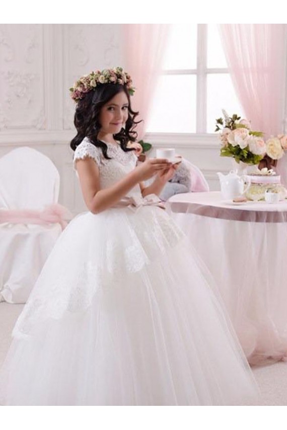 Sleeveless Sweetheart Tulle & Lace Ivory Long Flower Girl Dresses Adelaide