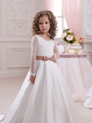 Long Sleeves V-Neck Satin & Lace Ivory Chapel Train Flower Girl Dress Adelaide