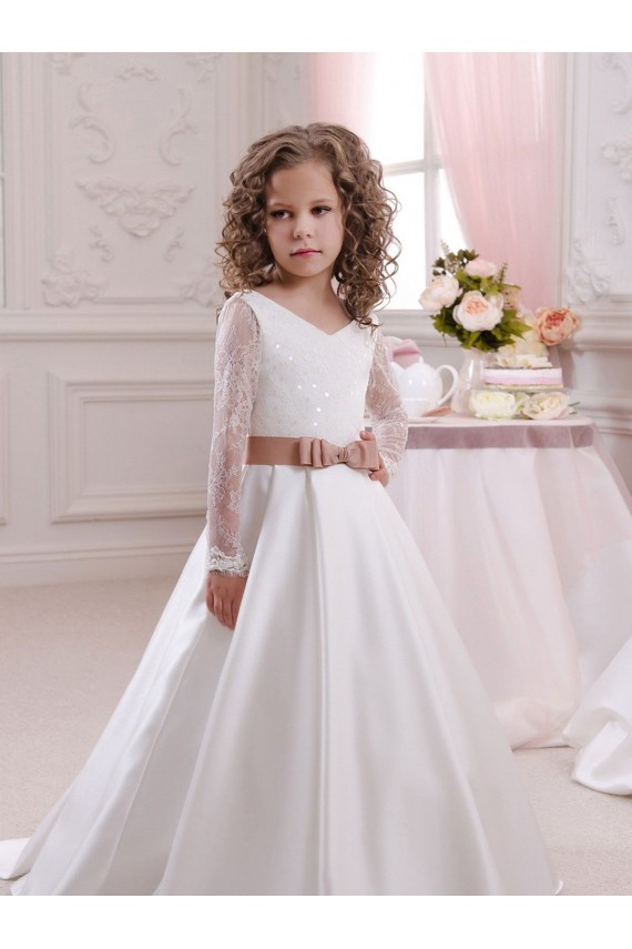 Long Sleeves V-Neck Satin & Lace Ivory Chapel Train Flower Girl Dress Adelaide