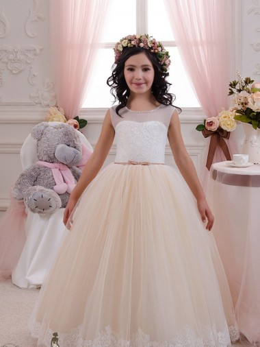 Sleeveless Sweetheart Tulle & Lace Ivory & Champagne Long Flower Girl Dresses for Wedding Adelaide