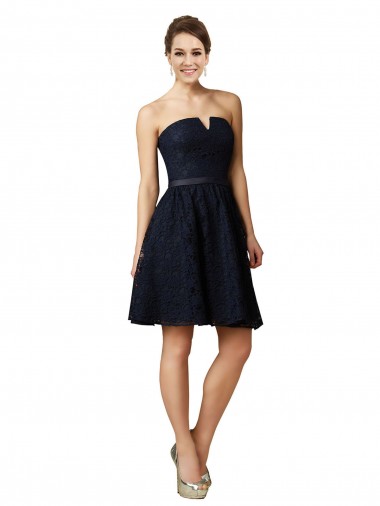 Sleeveless V-Neck Lace Dark Navy Knee Length Bridesmaid Dress Adelaide