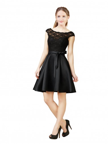 Sleeveless Illusion Neck Satin & Lace Black Knee Length Bridesmaid Dress Adelaide