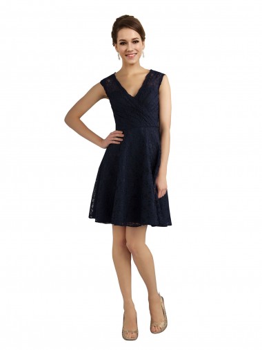 Sleeveless V-Neck Lace Dark Navy Knee Length Bridesmaid Dress / Evening Dress Adelaide