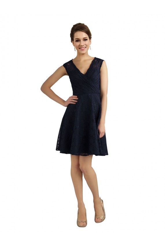 Sleeveless V-Neck Lace Dark Navy Knee Length Bridesmaid Dress / Evening Dress Adelaide