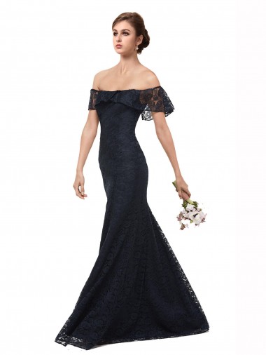 Flutter Sleeves Off the Shoulder Lace Dark Navy Long Prom Dress / Bridesmaid Dress Adelaide