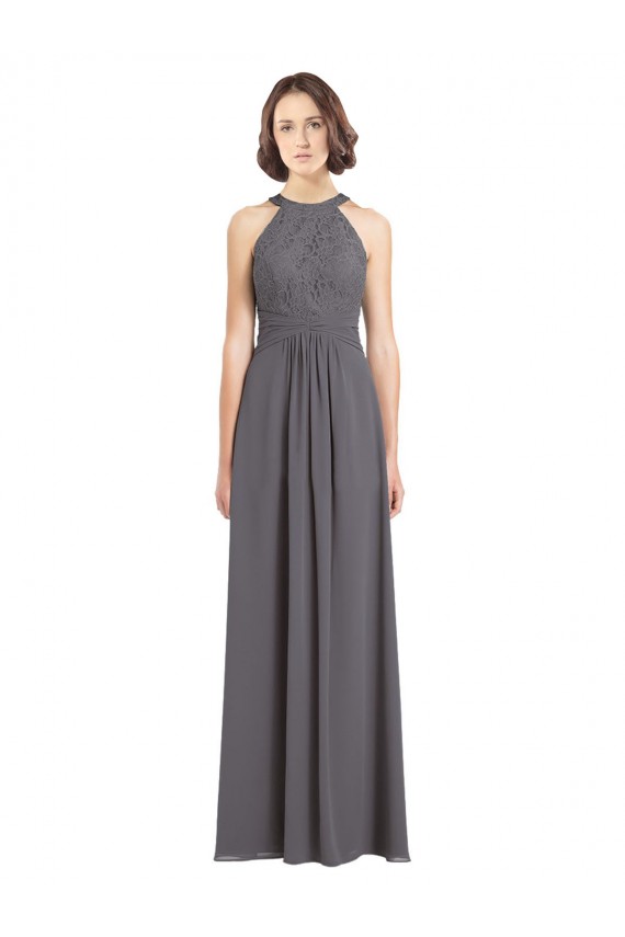 Sleeveless Halter Neck Soft Chiffon & Lace Stormy Silver Long Bridesmaid Dress Adelaide