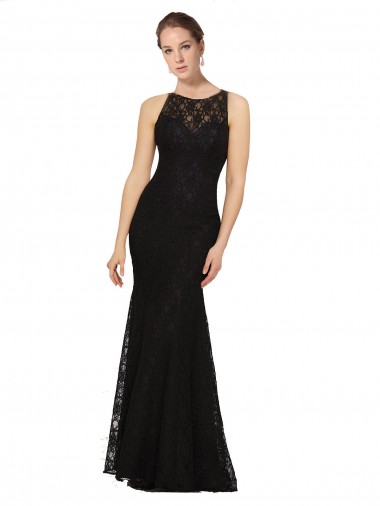 Sleeveless Jewel Neck Lace Black Long Bridesmaid Dress Adelaide