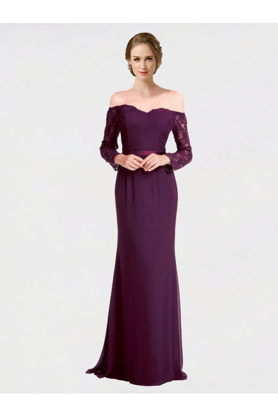 Long Sleeves Off the Shoulder Soft Chiffon & Lace Grape Long Bridesmaid Dress Adelaide