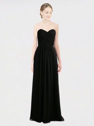 Sleeveless Strapless Soft Chiffon & Lace Black Long Bridesmaid Dress Adelaide