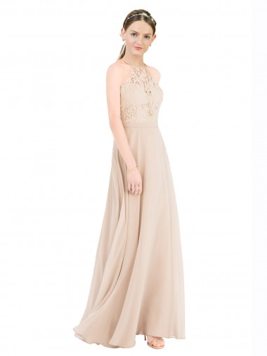 Sleeveless High Neck Soft Chiffon & Lace Champagne Long Prom Dress / Bridesmaid Dress Adelaide