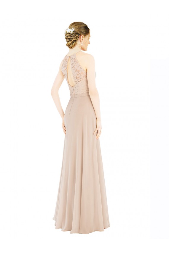 Sleeveless High Neck Soft Chiffon & Lace Champagne Long Prom Dress / Bridesmaid Dress Adelaide