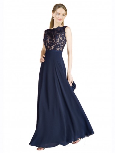 Sleeveless Illusion Neck Soft Chiffon & Lace Dark Navy Long Prom Dress / Bridesmaid Dress Adelaide