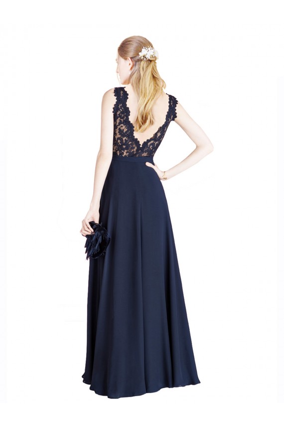 Sleeveless Illusion Neck Soft Chiffon & Lace Dark Navy Long Prom Dress / Bridesmaid Dress Adelaide