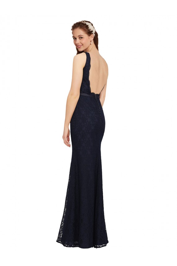 Sleeveless V-Neck Lace Dark Navy Long Bridesmaid Dress Adelaide