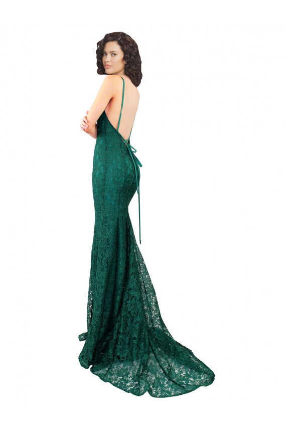 Sleeveless V-Neck Lace Dark Green Long Black Tie Evening Gown / Prom Dress / Bridesmaid Dress Adelaide
