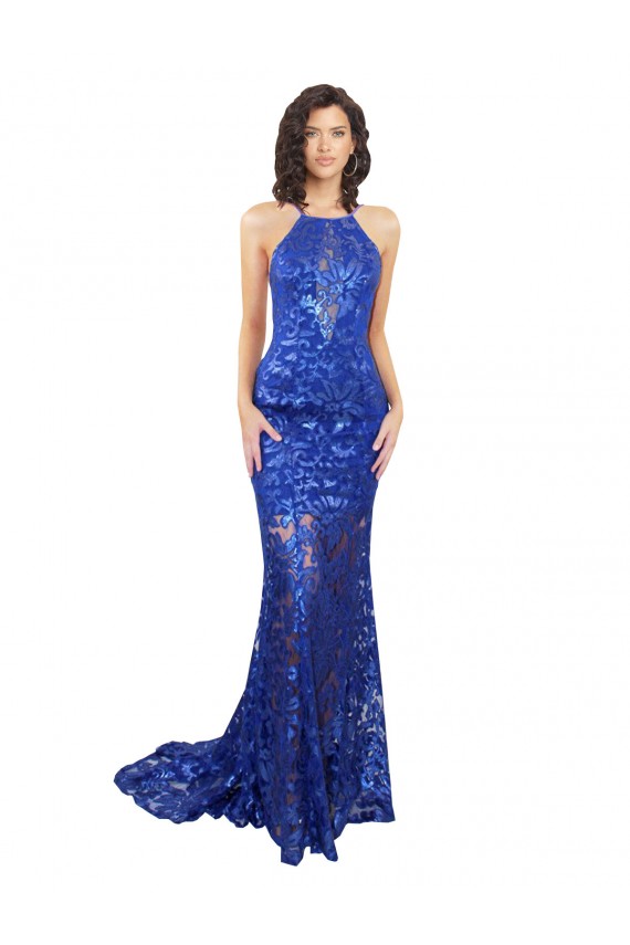 Sleeveless High Neck Lace Royal Blue Long Semi Formal Evening Dress / Prom Dress / Bridesmaid Dress Adelaide