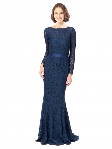 Long Sleeves Jewel Neck Lace Dark Navy Sweep Train Bridesmaid Dress Adelaide