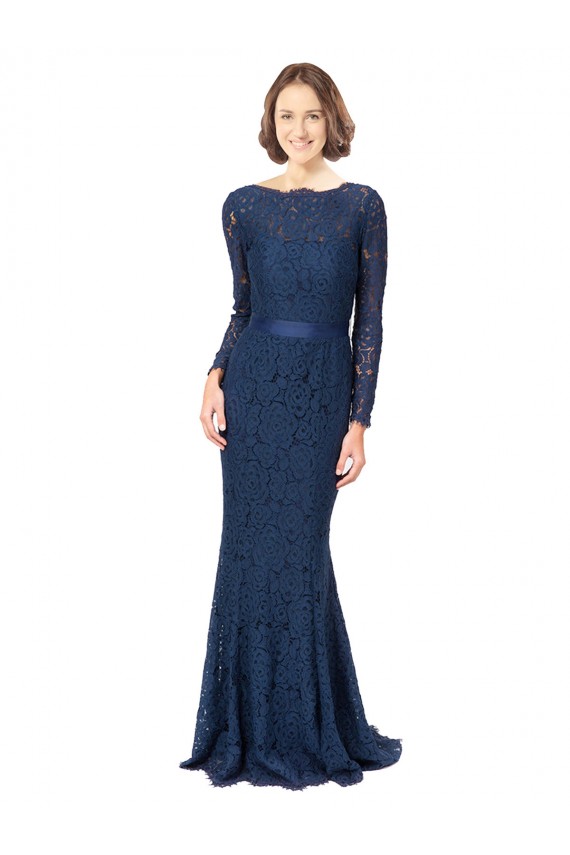 Long Sleeves Jewel Neck Lace Dark Navy Sweep Train Bridesmaid Dress Adelaide